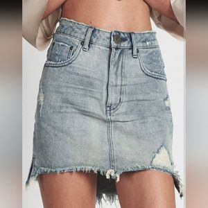 One Teaspoon High Waist Distressed Mini Denim Skirt Blue Storm Sz 25